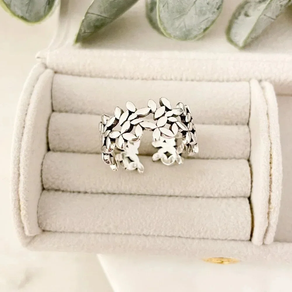 925 Sterling Silver Flower Ring Geometric Ring Leaf Ring Silver Chunky Ring